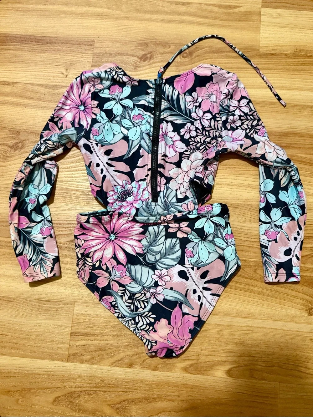 O'Neill Girls Floral Long Sleeve One-Piece Swimsuit - Black, Pink, Teal